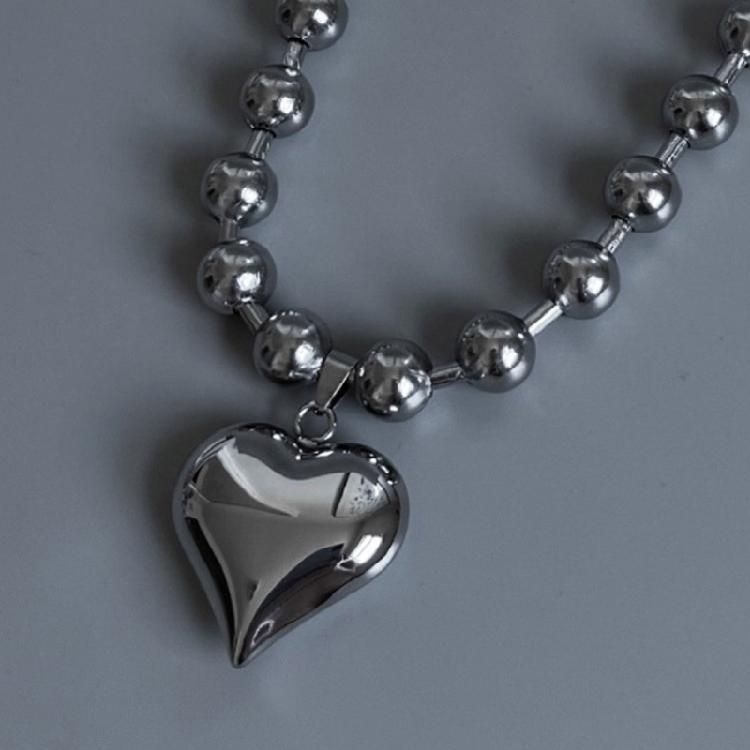 Korean Round Bead Chain Silver Love-shape Pendant Necklace Ins Clavicle Chain
