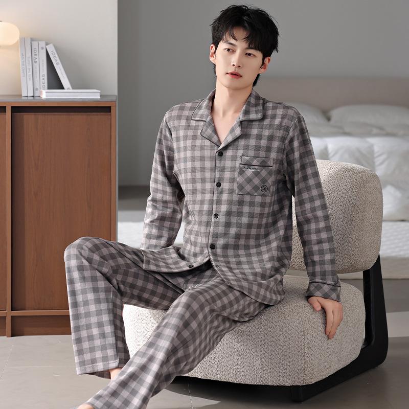 Pure Cotton Pajamas Men'S Loungewear Autumn Suit Cotton Cardigan Long Sleeves Can Be Worn Outside Spring And Autumn Models