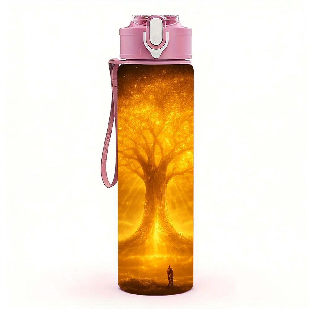 1PC Glowing Golden Tree Sunset Art Print 750ml Color Plastic Sports Water Bottle Leakproof Flip Straw Lid Suitable for Sports Office Home Use