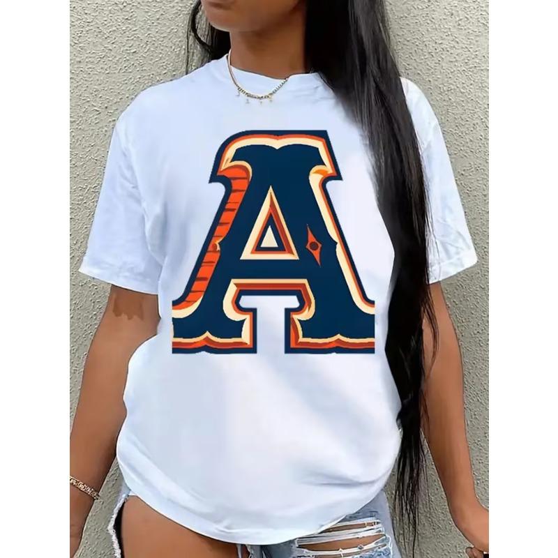 Vintage Varsity Letter A Graphic T-Shirt, American Collegiate Style Women S Short Sleeve Top, Retro Alphabet Print Tee, S белый
