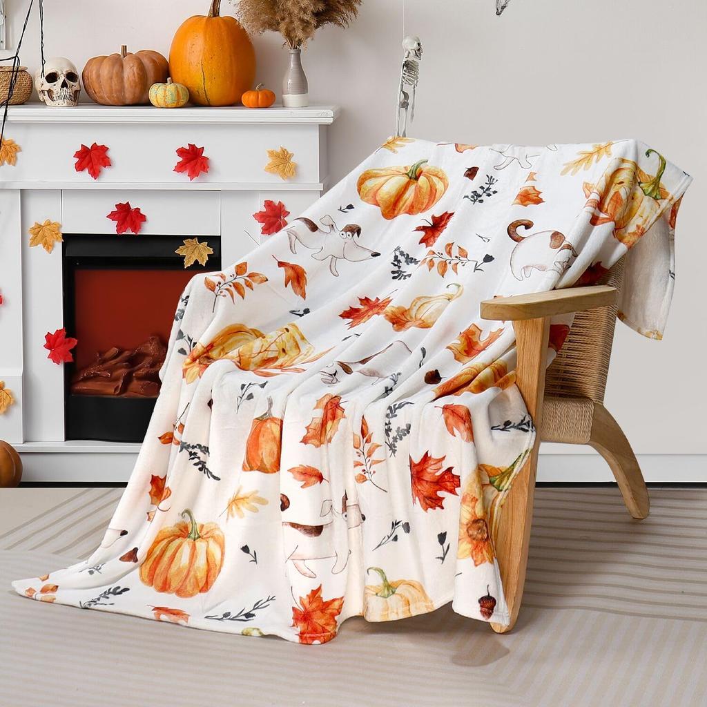 Fall Orange Pumpkin Throw Blanket Thanksgiving Harvest Lightweight Flannel Fleece Throw Blanket Autumn Happy Dog Throw Blankets Cozy Fuzzy Plush