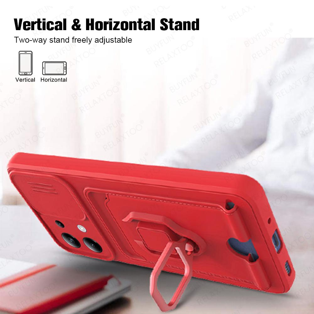 Slide Camera Lens Protection Case For Xiaomi Poco M6 Pro 4G Card Slot Stand Holder Magnetic Cover Coque PocoM6Pro Little M6Pro