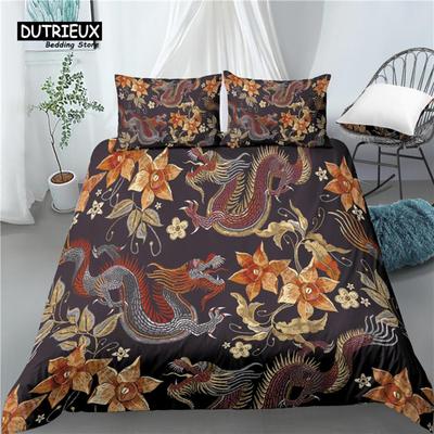 Maison Vie Luxe Impression Fleur Dragon 3D 2/3 Pièces Housse de Couette Taie d'Oreiller Confortable Parures de Lit Queen et King Taille AU/EU/US