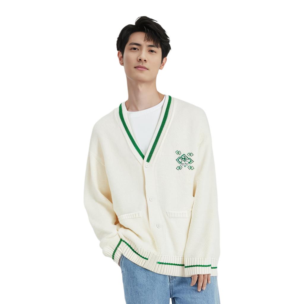 Li Ning Sports Lifestyle Series Daqian World Collaboration Embroidered Letter Single-Breasted V-Neck Long Sleeve Knit Sweater Men Sweater AMBT245-1