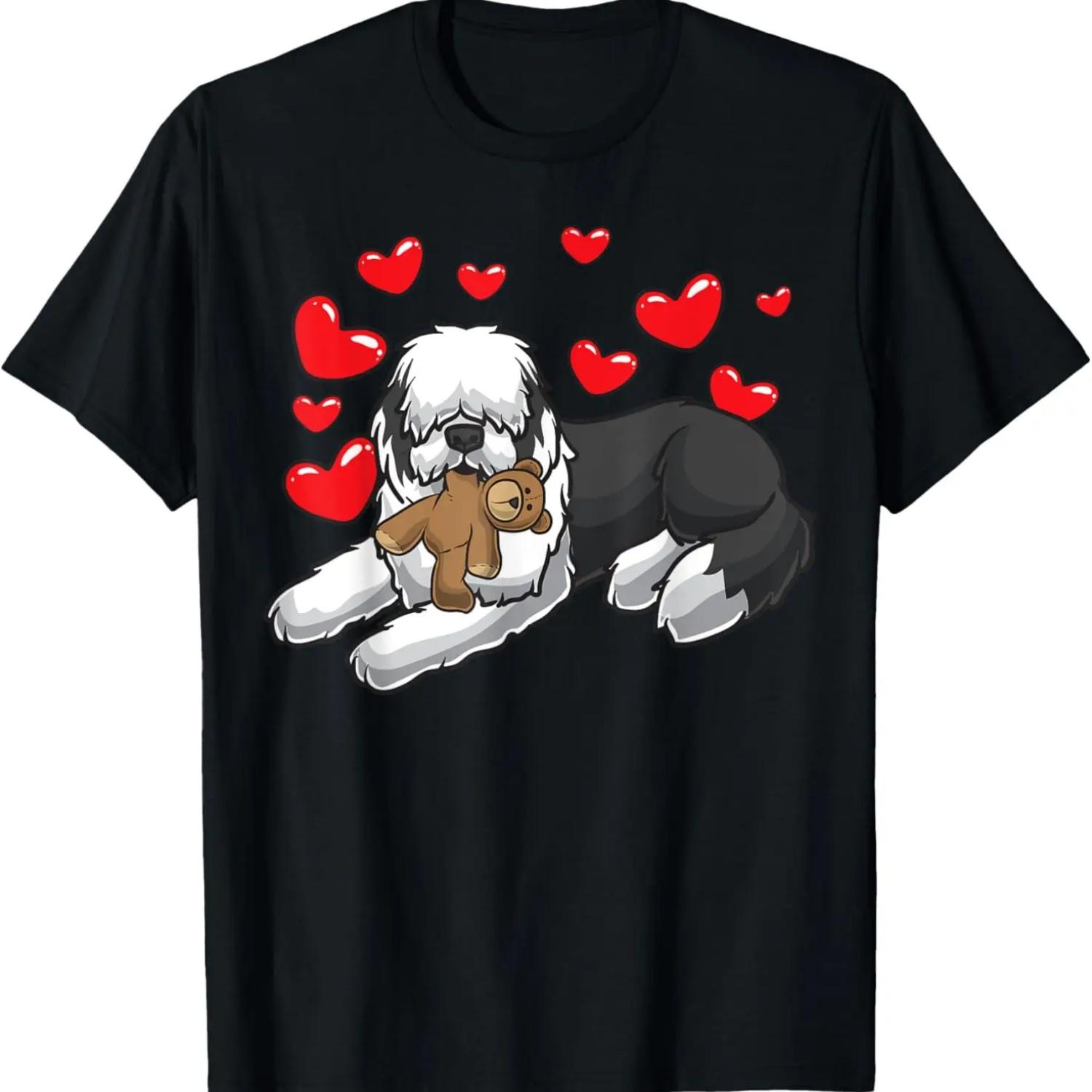 

Old English Sheepdog Dog With Stuffed Animal And Hearts T-Shirt S чёрный