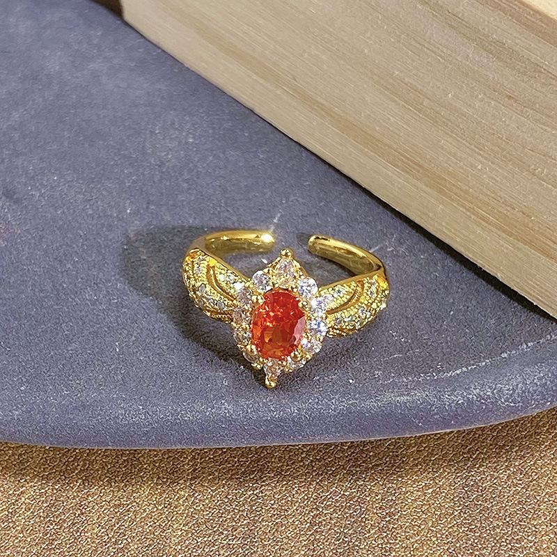 French Court Medieval Light Luxury Colored Treasure Red Zir*****Pen Ring Fashion Niche Light Luxury High-End Ring Woman
