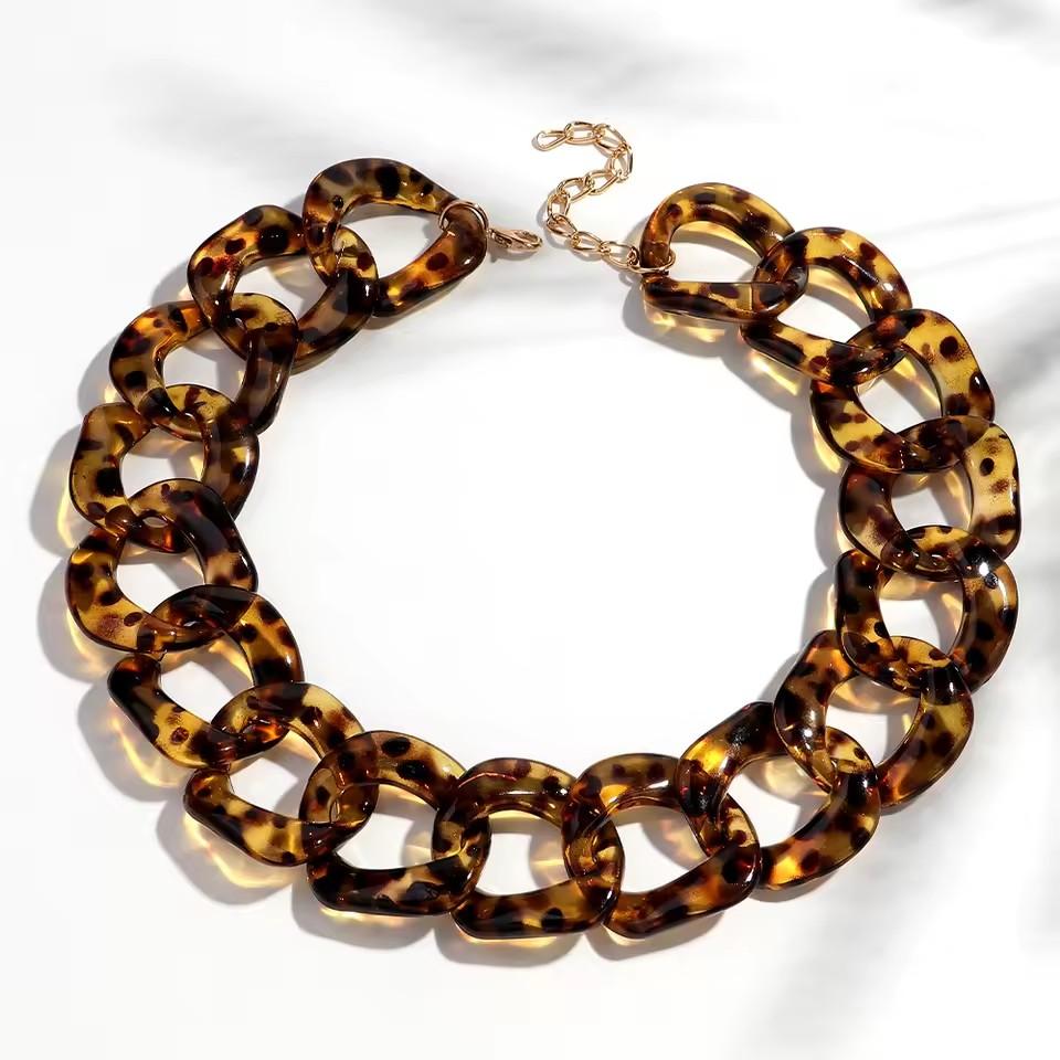 Vintage Square Chain Choker Necklace for Women Punk Fashion Big Resin Leopard Chunky Link Chain Collar Statement Jewelry Bijoux