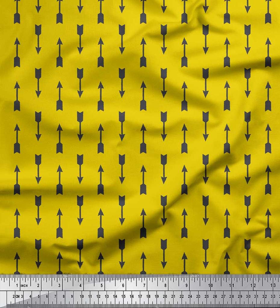 Soimoi Yellow Japan Crepe Satin Fabric Arrows Arrow Print Fabric by Metre 42 Inch