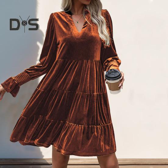 Spring Fall Women Dress Golden Velvet V Neck Pleated Patchwork Long Sleeves A-line Solid Color Knee Length Dating Shopping Midi Dress