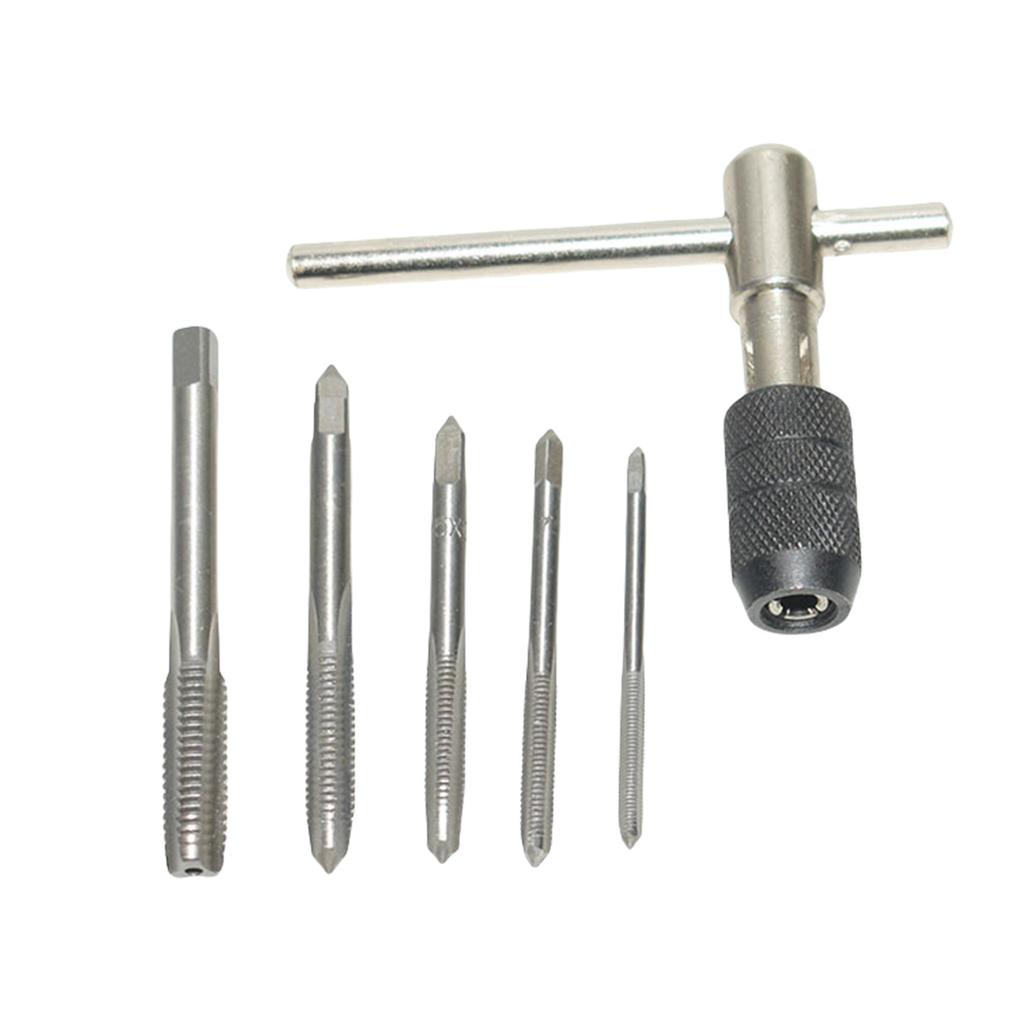 3-6mm T Shaped Tap Wrench Set with 5 Hand Taps Tapping Screwdriver Wrench for M3 M8 Threading Tasks