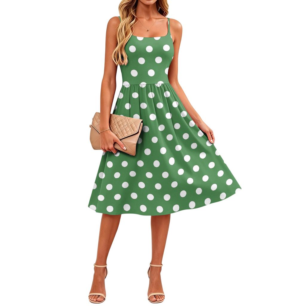 Sleeveless Adjustable Strap Dress with Pockets Polka Dot Print Casual Midi Dress for Women Summer Everyday Wear