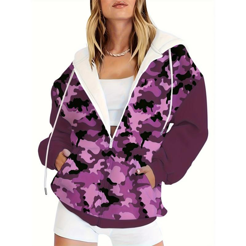 Ladies European and American Style Camouflage Splicing European and American Style Camouflage Printed Hooded Zipper Sweater S