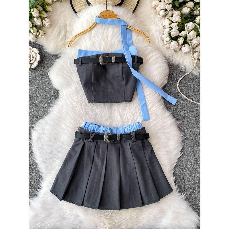 Western Style Sexy Contrast Ribbon Chest Pad Tube Top Vest Design Ribbon Top + High Waist Pleated Two piece skirt