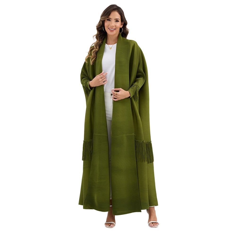 

Middle Eastern Women s Pleated Abaya Dress with Tassel Cardigan and Long Sleeves One Size зелений