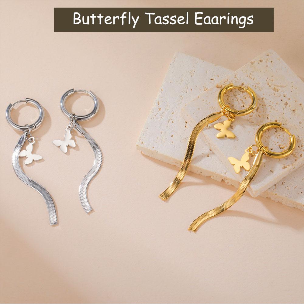 Cazador Stainless Steel Butterfly Charm Snake Chain Tassel Earrings 2026 Women's Jewelry Trendy Mother's Day Gift Wholesale
