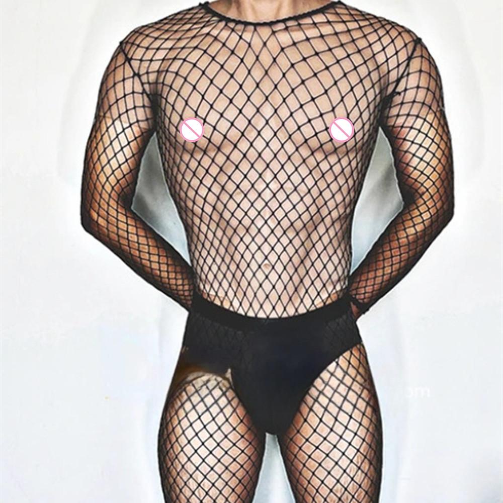 Ultra Thin Super Sex Gay Bodysuits Mesh Perspective Lingerie Sissy Fishnet Sleepwear Hot Mesh Top Adult Fashion Clothing