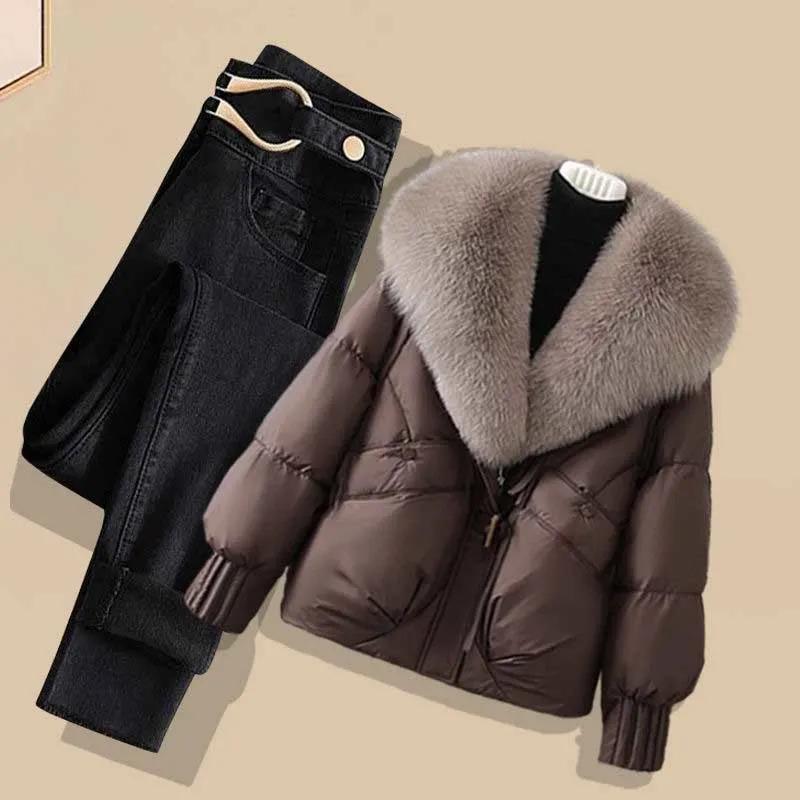 

Осенне-зимняя теплая толстая парка, свободное пальто-пуховик, женская верхняя одежда, хлопковое пальто, костюм-двойка, брюки с высокой талией и широкими штанинами XS кофейный