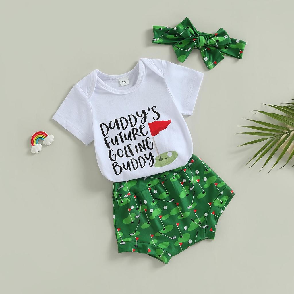 Baby Boys Clothes Suits Letter Print Short Sleeve Crew Neck Romper Golf Print Shorts Headband 3Pcs Set