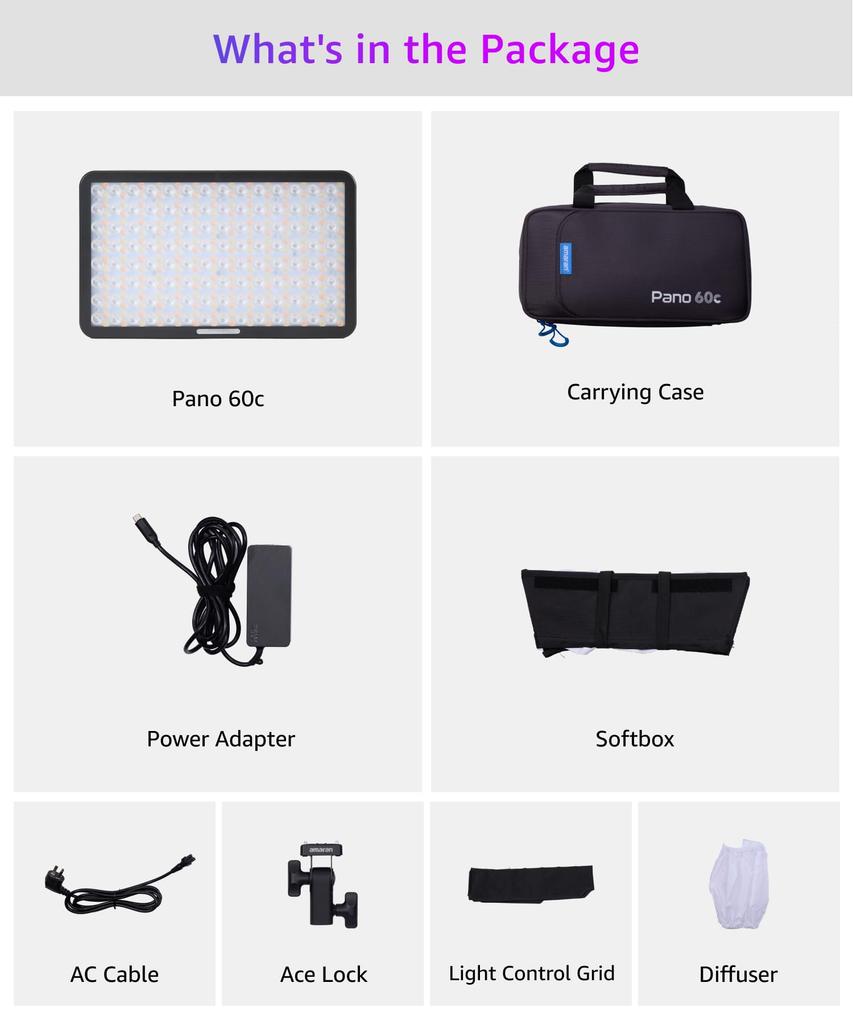 Amaran Pano 60c 60W RGBWW LED Panel lux Hoch Einstellbar PD Leicht und Kompakt Kabellose App-Steuerung Kit, Vollfarblicht, 22.220 Helligkeit,