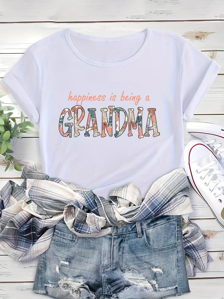 Grandma Print Comfortable And Soft Sports T-shirt, Short Sleeve Causal Running Crew Neck Top, Women's Activewear
