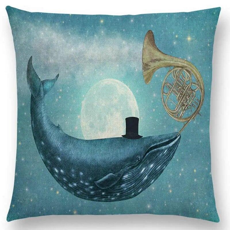 Sofa Throw Pillow Cover Home Decor Cute Little Ghost Sailing Whale Ocean Diver Print Cushion