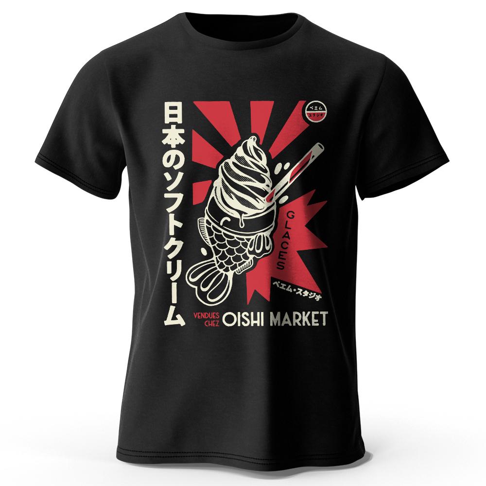 Summer men's Japanese Foodie printed 100% pure cotton T-shirt, soft and breathable round-neck short-sleeved T-shirt