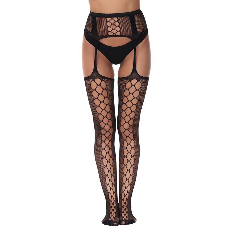 Women Black Stockings With Belt Set High Fishnet Tights Erotic Lingerie Sexy Pantyhose Floral Print Long Mesh Lace Stocking