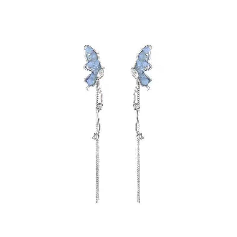 111 Silver Needle Blue Crystal Butterfly Tassel Premium Earrings New Cold Wind Delicate Earrings Smart Earrings