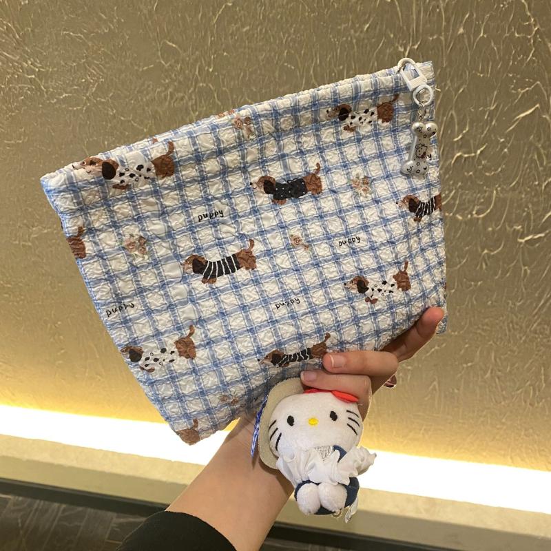Cute Blue Grid Sausage Puppy Printed Cosmetic Bags Large Capacity Storage Travel Portable Toiletry Bags