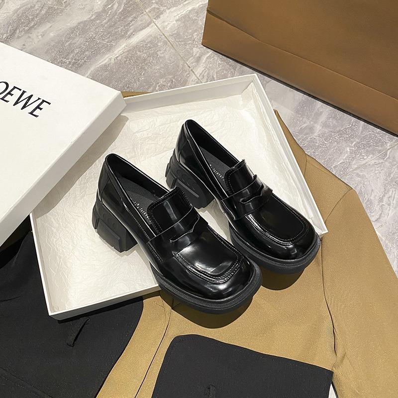 Spring New Casual Versatile Square Head Small Leather Shoes Inner Height Increase JK One-pedal Temperament