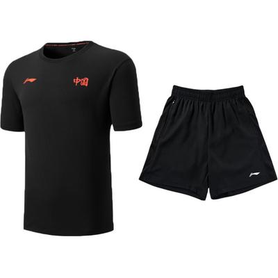Summer Mens Comfortable Versatile Simple Round Neck Pullover Breathable Skin-Friendly Casual Sports Suit Unisex Suit Black AHSVE27-1+YATV113-1