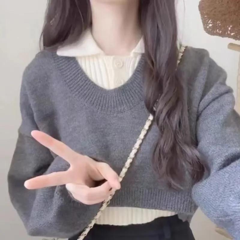 

Вінтажний светр із двох частин. Жіночі японські светри з лацканами осінь-зима з довгими рукавами. В’язаний однотонний топ. S сірий колір