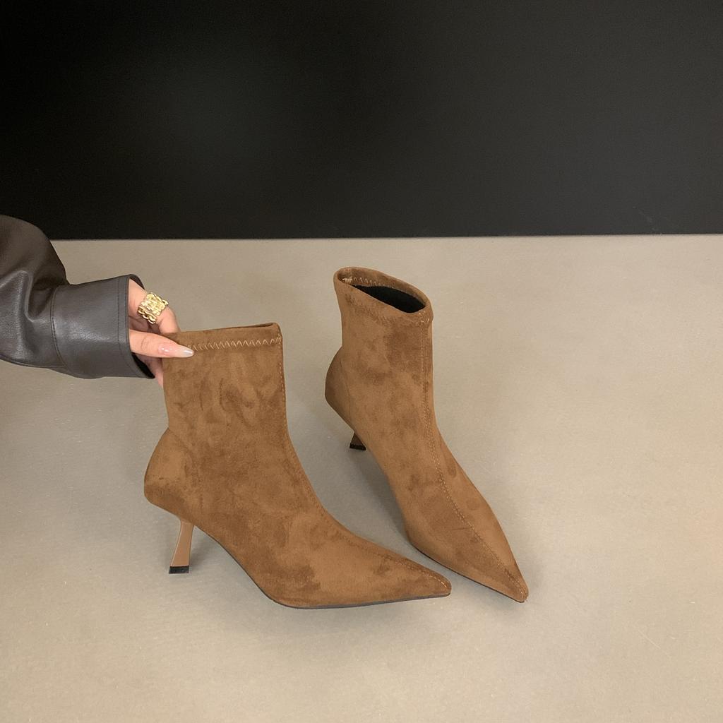 French retro suede high-heeled boots women's short boots new autumn and winter temperament pointed thin heels thin boots bare boots
