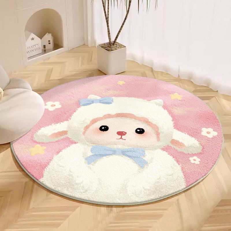 Cute Cartoon Pink Carpet for Girls: Cool-Proof Round Faux Cashmere Bedside Rug.
