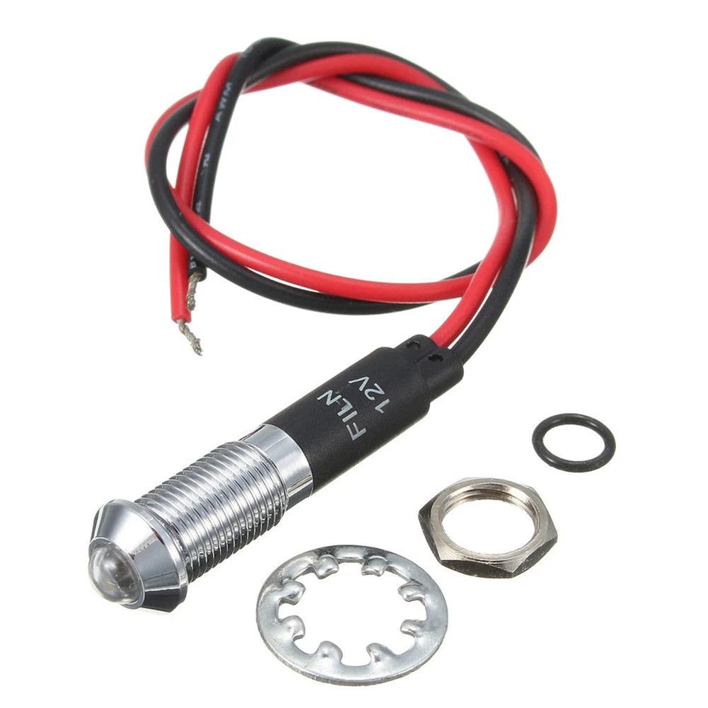 8mm 3v 6v 12v 24v 110v 220v Metal LED Pilot Panel Dash Signal Indicator Warning Light 20cm Cable Chrome Finish Car Boat Marine