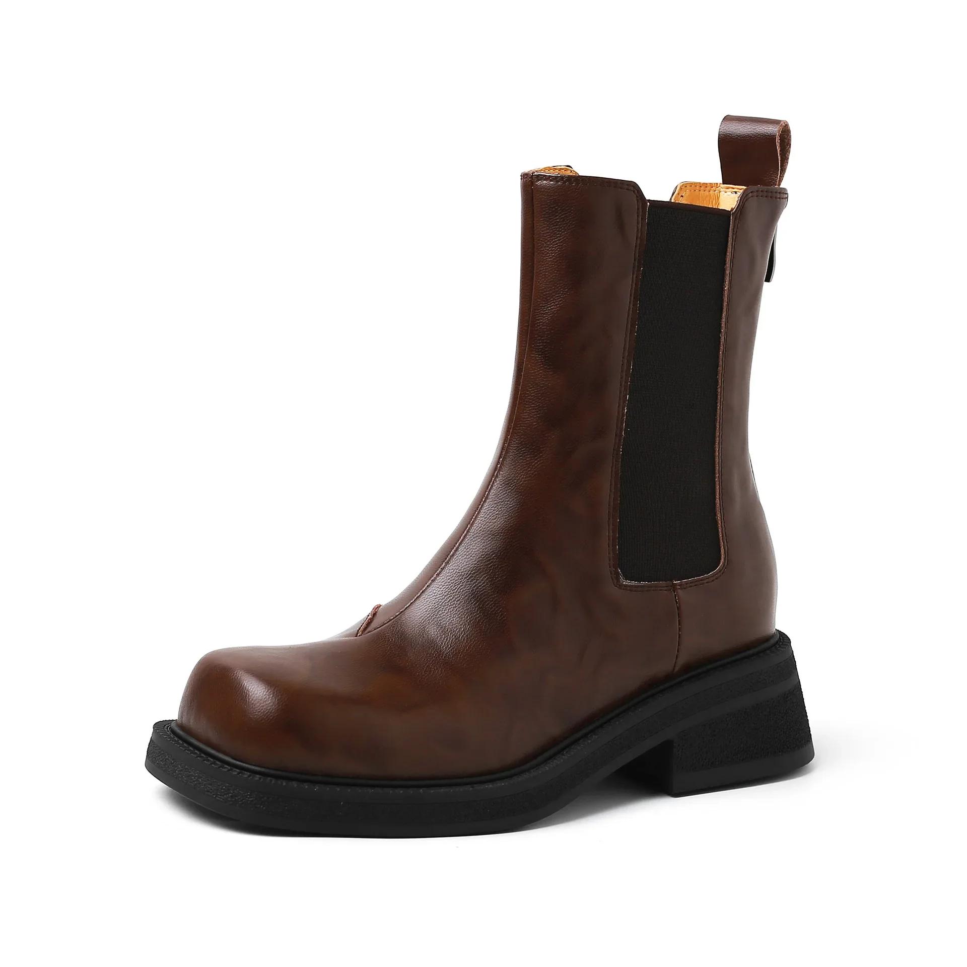 

Женские ботинки в британском стиле, ретро-ботинки «Челси», осень/зима, новые, толстые, с квадратным носком, противоскользящие, ботинки «Чимни» Botas Mujer 40 коричневый