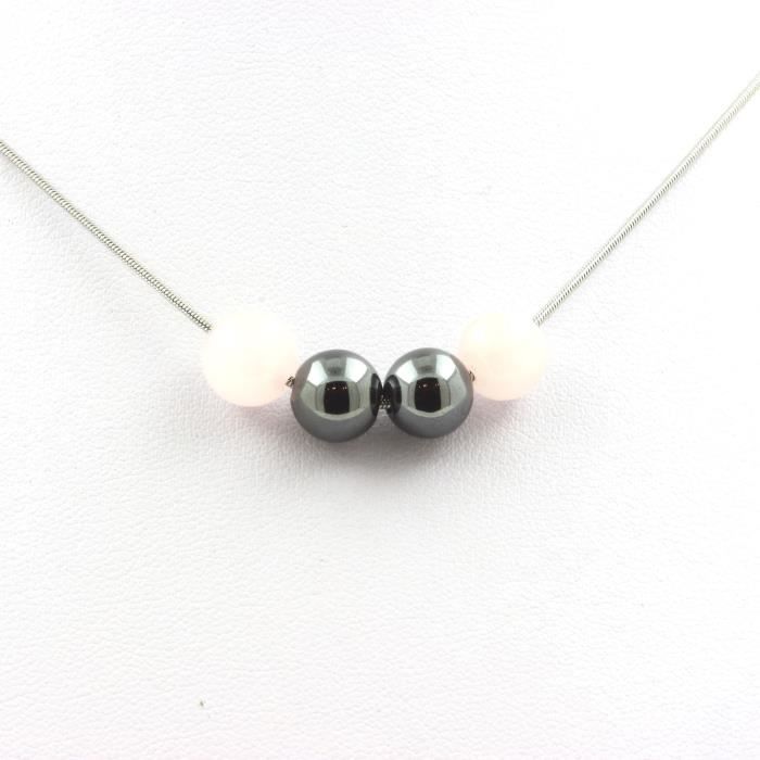 Collier - ABIJOUX - Quartz rose + Hématite - 8 mm - Acier inoxydable - Longueur personnalisable