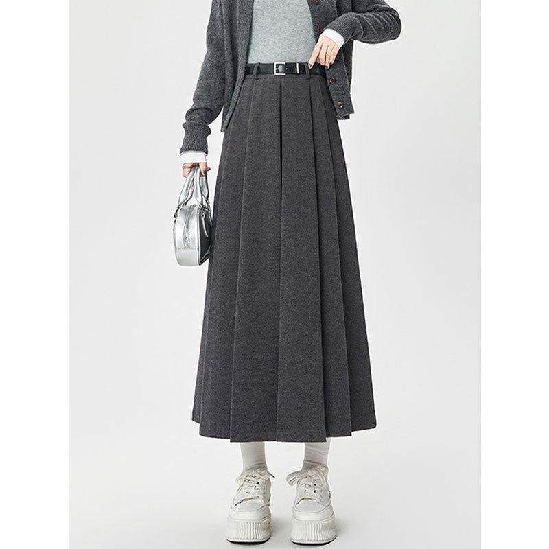 High-Waisted Coffee Wool Skirt for Women, Autumn-Winter Style, Pleated A-Line, Petite Fit, Mid-Length, Perfect Drape