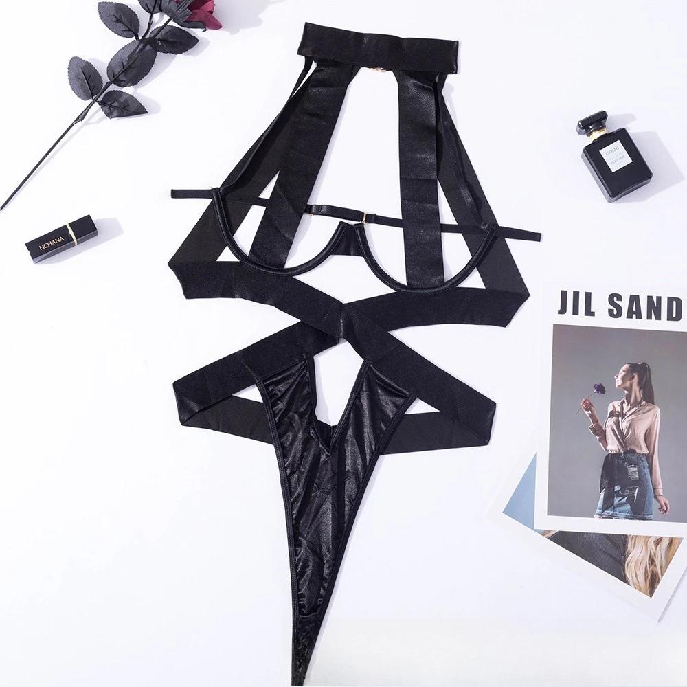 Black Halter Bodysuits Sexy Lingerie Women Bandage One Piece Bra Sets Erotic Costumes Teddy Baby Doll Dress Push Up Underwear