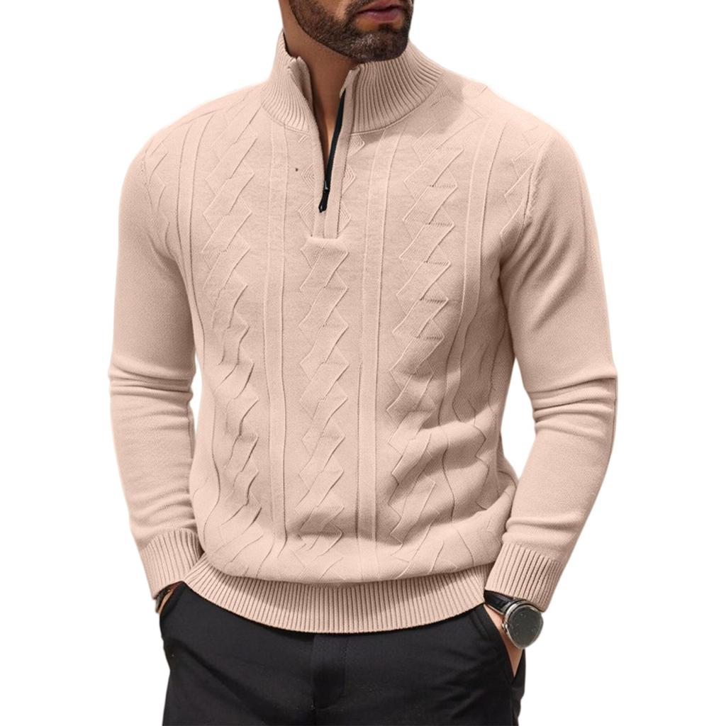 Half Zipper  Pullover  Long-Sleeved Knitted Sweater  Solid Color