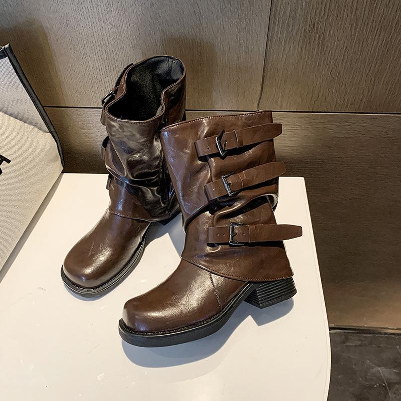

Thick-soled thick-heeled belt buckle pleated medium boots women s 2025 autumn new trousers Martin boots Western cowboy short boots 35
