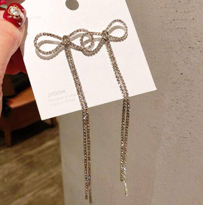 925 Silver Bowknot Tassel Earrings with Diamonds