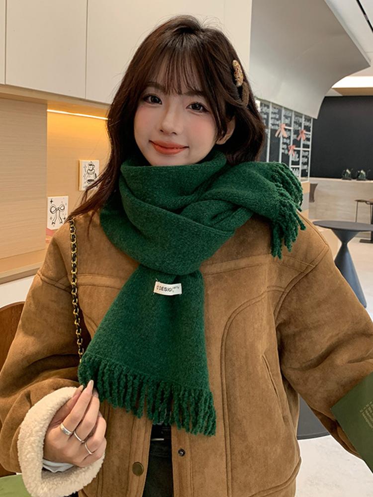 Women Winter Red Green Christmas Knitted Scarf Headscarf Lady Men Preppy Simple Tassel Scarve Foulard Wrap Shawl Casual Korean