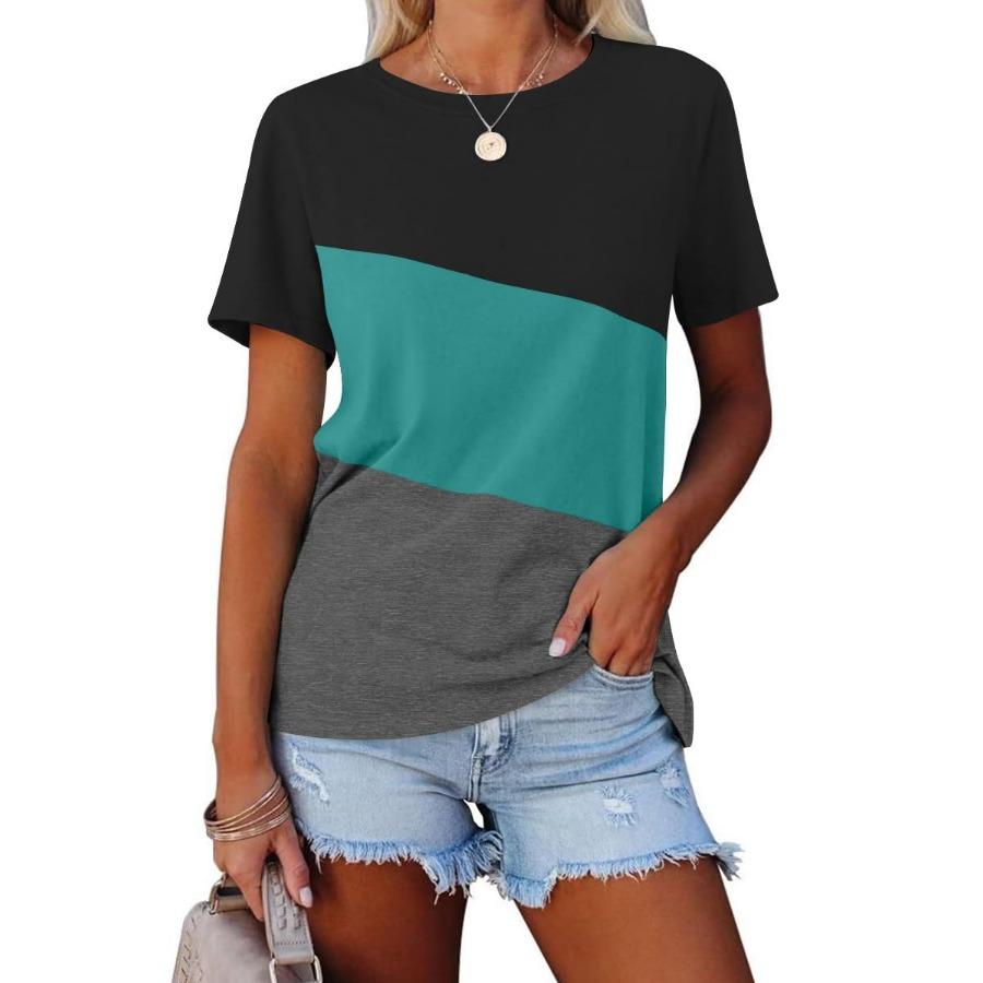 Women's Summer Color Matching Top Casual Short Sleeve Crew Neck T-Shirt