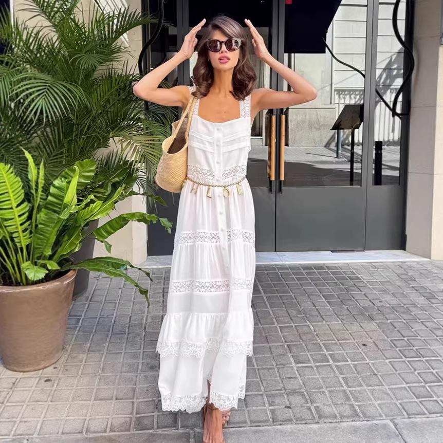 Bohemian Casual Lace Suspender Dress Women's Spring Vacation Style White Pendulum A-shaped Dress Women's Clothing