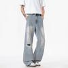 American retro ruffian handsome old ripped jeans men's and women's new high street loose straight wide-leg trousers