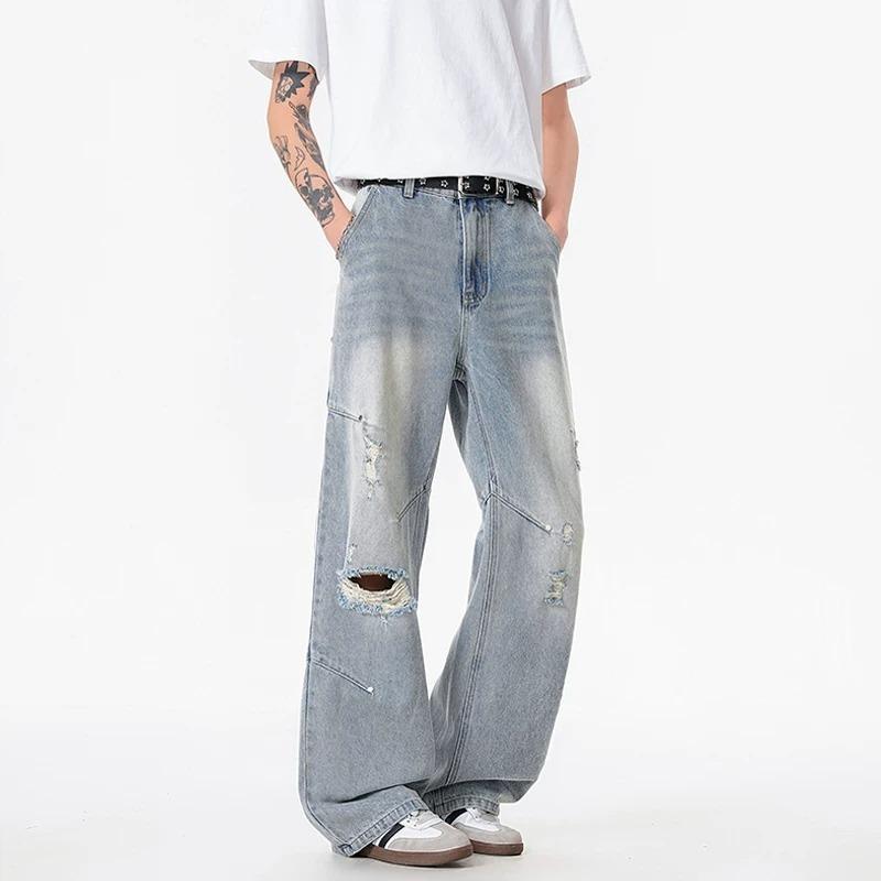 American retro ruffian handsome old ripped jeans men's and women's new high street loose straight wide-leg trousers