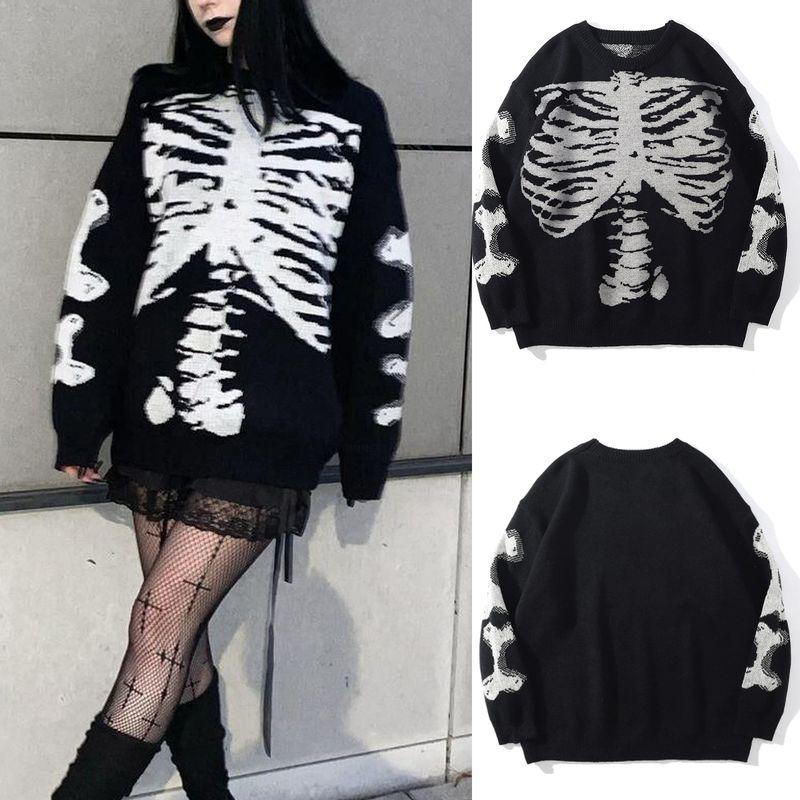 

Halloween Skull Print Casual Pullover Sweater Print Casual Sweater Female Black S