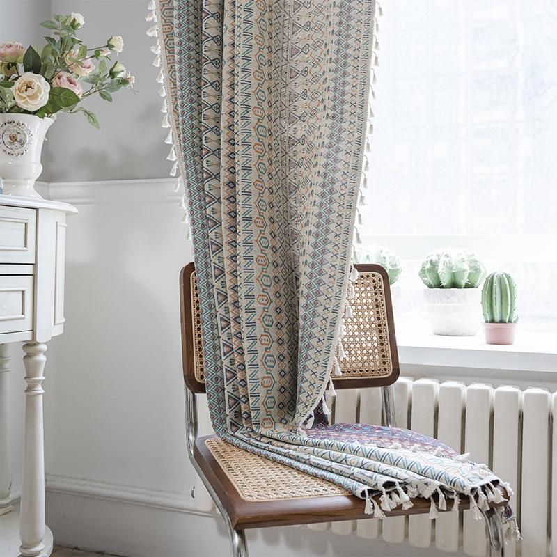 American Style Country Home Life Curtain Geometric Jacquard Fringe Semi-blackout Bedroom Balcony Living Room Decorative Valance