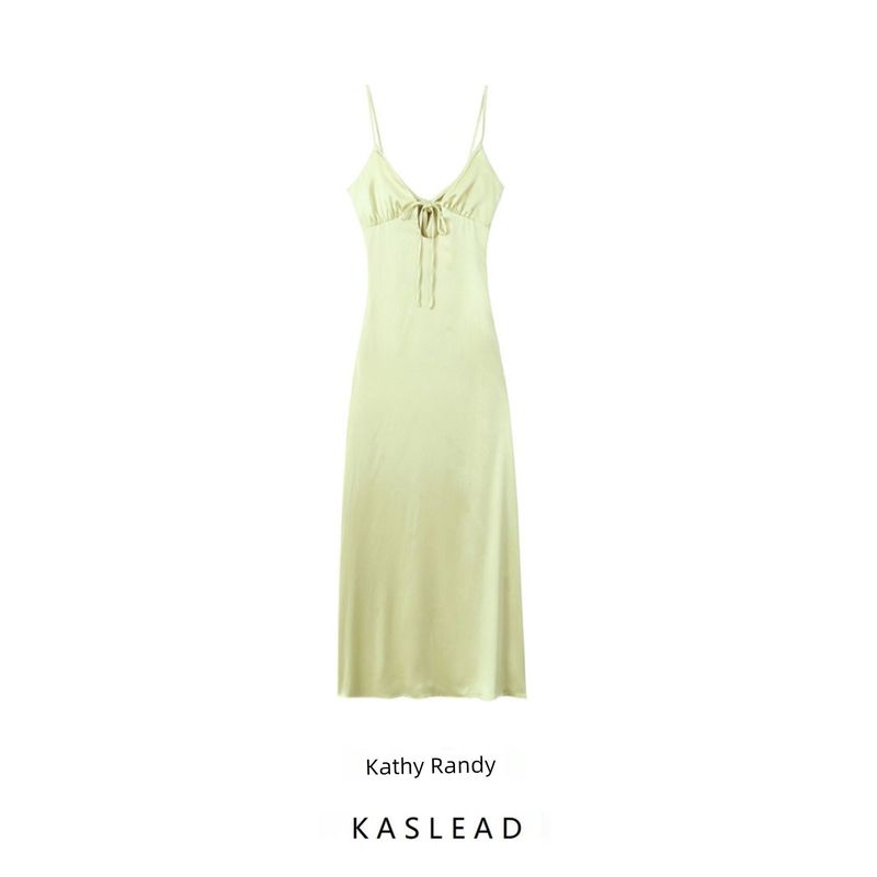 Kaslead New Arrival Women's Clothing Fashion Style Fashion Slim-Fitting Simple Elegant Silk Satin Shoelace Dress